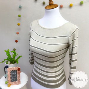 Beige Striped 3/4 Sleeve Lightweight Stretch-Knit